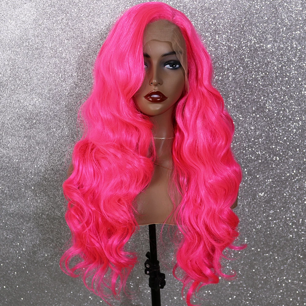 

Wholesale Rose Red Pink Body Wave Wig Long Wave Hair Synthetic Lace Wig Halloween Cosplay Colorful Front Lace Wig for Women
