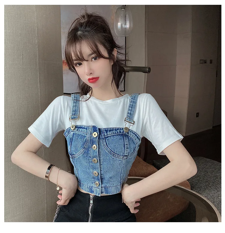 

Ladies Fashionable Cotton Denim Jeans Wear Chain Fitness Camo Crop Cover Tops Custom Women