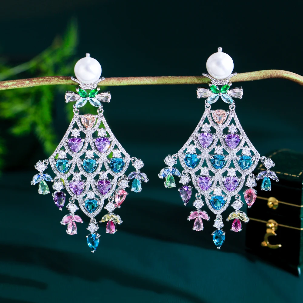 

2023 New Trend Luxury Chunky Cubic Zirconia Pave Multicolor Large Long Chandelier Drop Dangle Bridal Party Earrings for Women