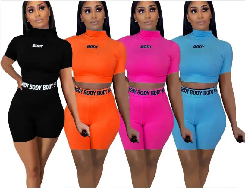 

Short Sleeve Crop Tops Printed Letter Two Piece Sets Shorts Women's 2021 tights fitness bodycon cotton biker shorts