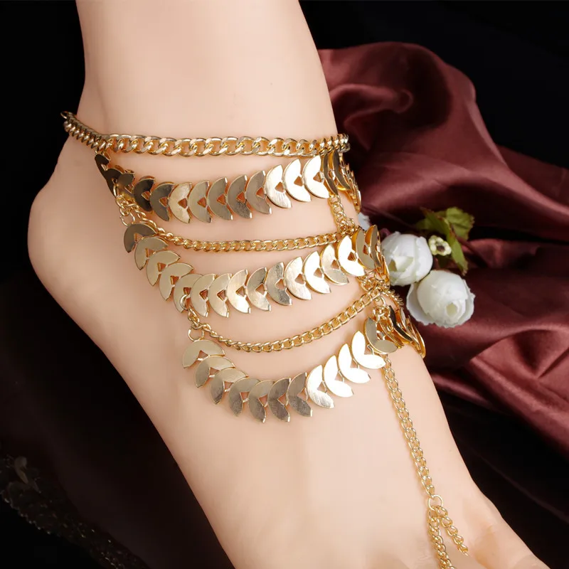 

Foreign Trade Jewelry Summer Beach gold plated anklet Heavy Industry Multi layered Tassel Fish Bone Chain anklets for women