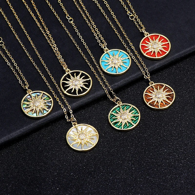 

Newest Popular Items 24K Gold Plated Round Zircon Sun Pattern Shell Necklace For Women, Gold silver