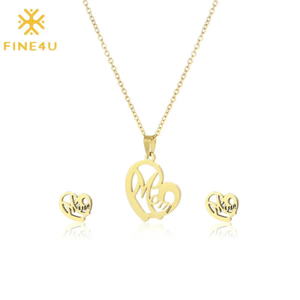 

Heart shaped Mom necklace earrings gold plated stainless steel jeweries 2022 mothers day jewelry set