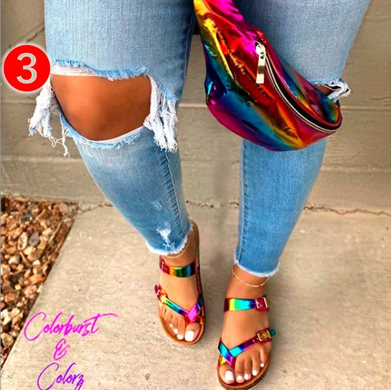 

P108029 Multicolor Sandals Cute Rainbow Color Woman Slippers Summer Shoes Roman Flip Flops Flat Bottom Non-slip Soft Slides