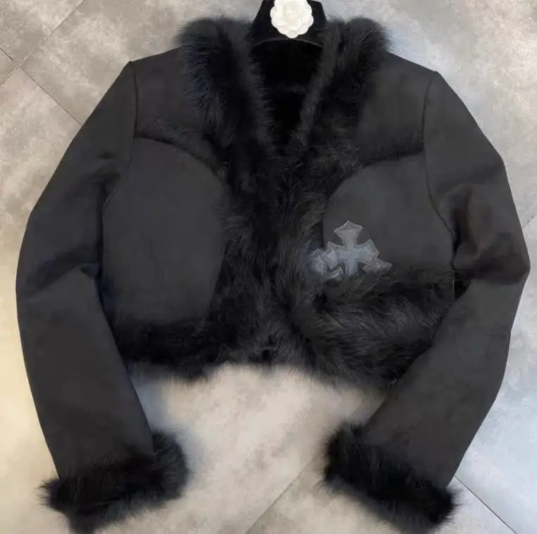 

Wholesale Winter 2021 V-neck Long Sleeve Pu Fur Jacket Long Sleeve Cotton-Padded Crop Coat Street Style Warm Leather Coat
