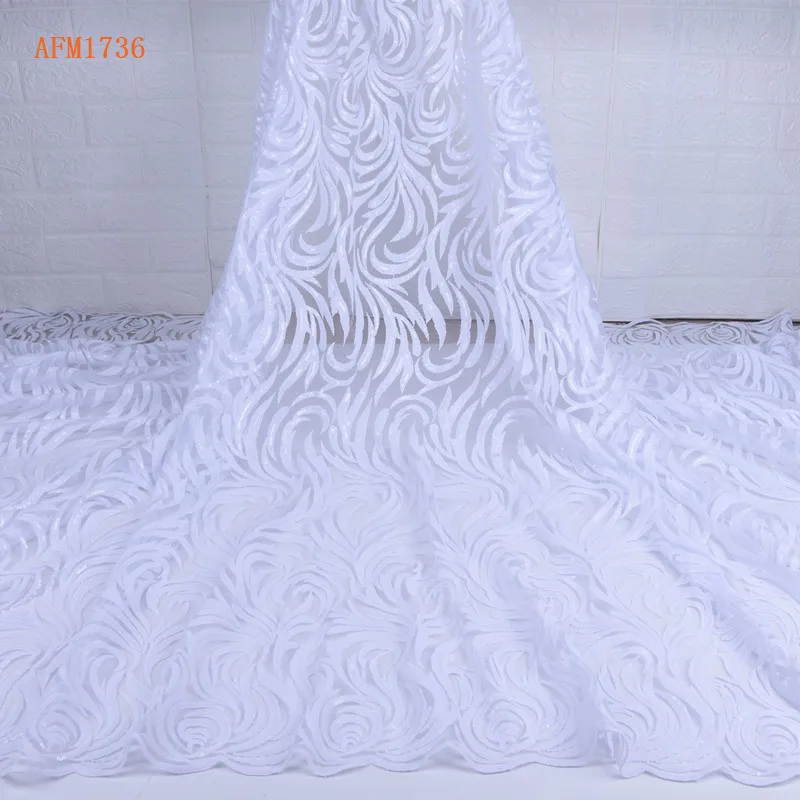 

Pure White African Lace Fabric High Quality French Tulle Lace Nigerian Sequin Net Lace Fabric For Wedding aso ebi 1736