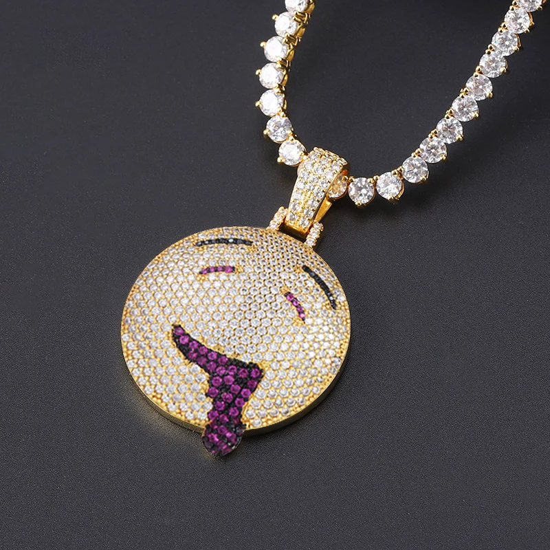 

HipHop Jewelry Iced Out Bling Zircon Micro Pave Necklace Demon Emotion Emoji Pendant, White/yellow/rose