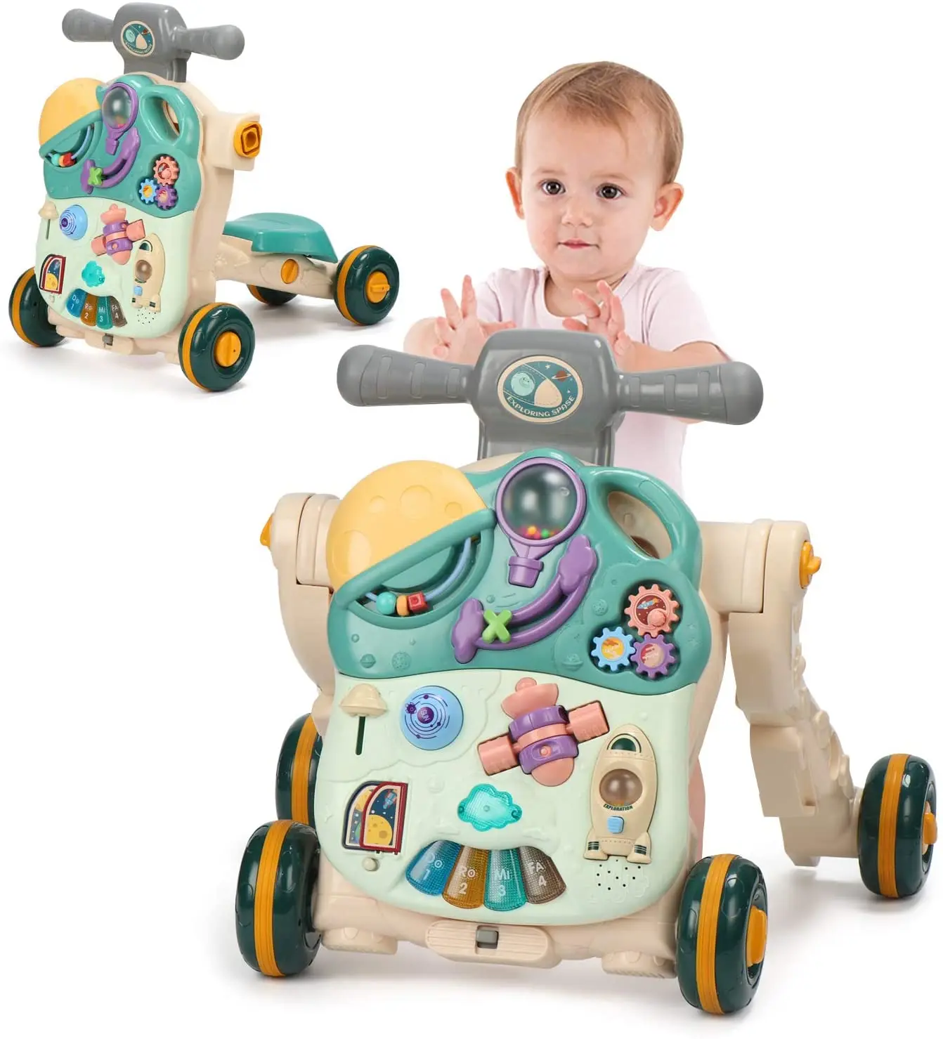 

4 in 1 Baby Walker Ride on Car Sit-to-Stand Walker,Kids Multifunctional Activity Center, Picture shown