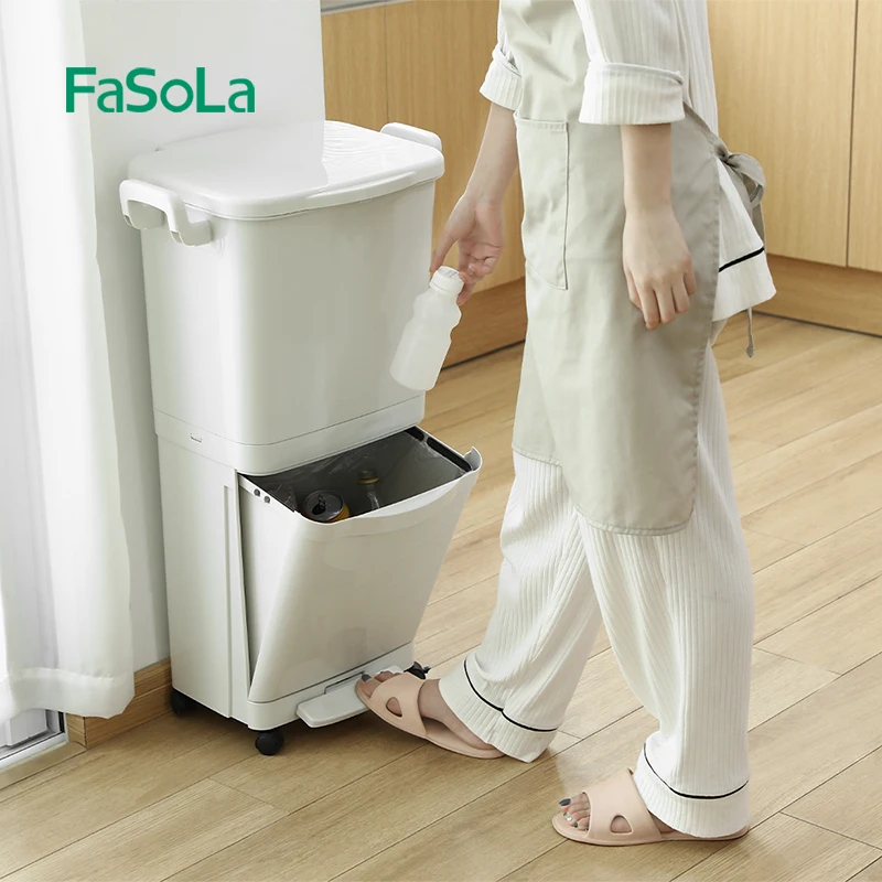 

FaSoLa Overlay classified dustbin Trash can home kitchen living room large double-layer with lid wet and dry garbage bin, White