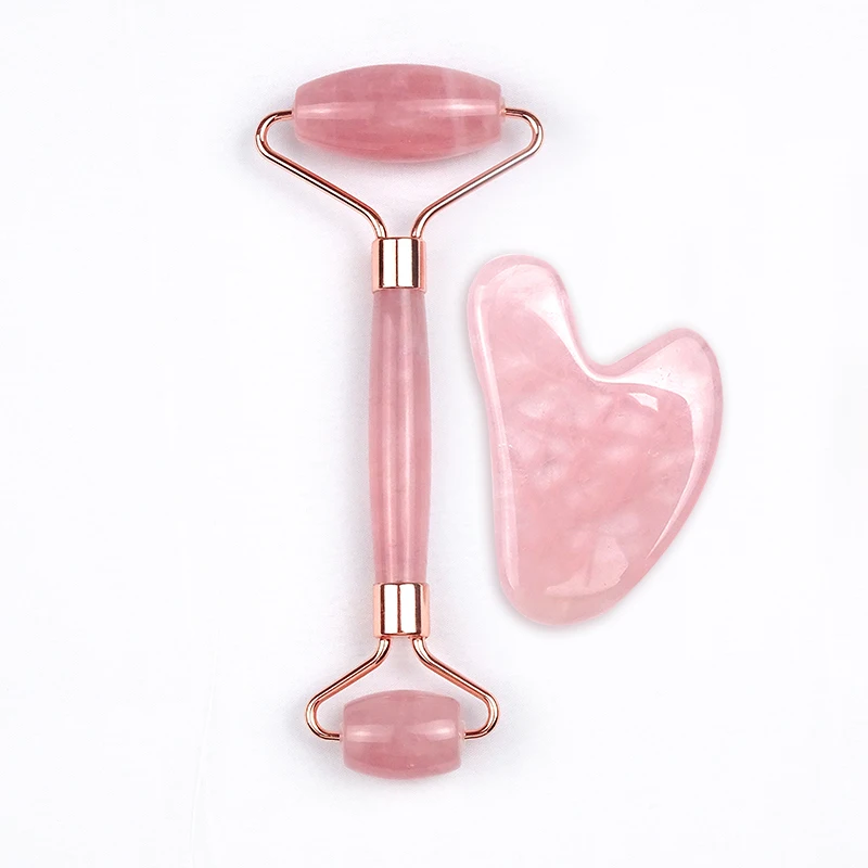 

Top Popular Natural jade gua sha massage tool rose quartz stone jade roller Gua Sha Set with Box, Pink