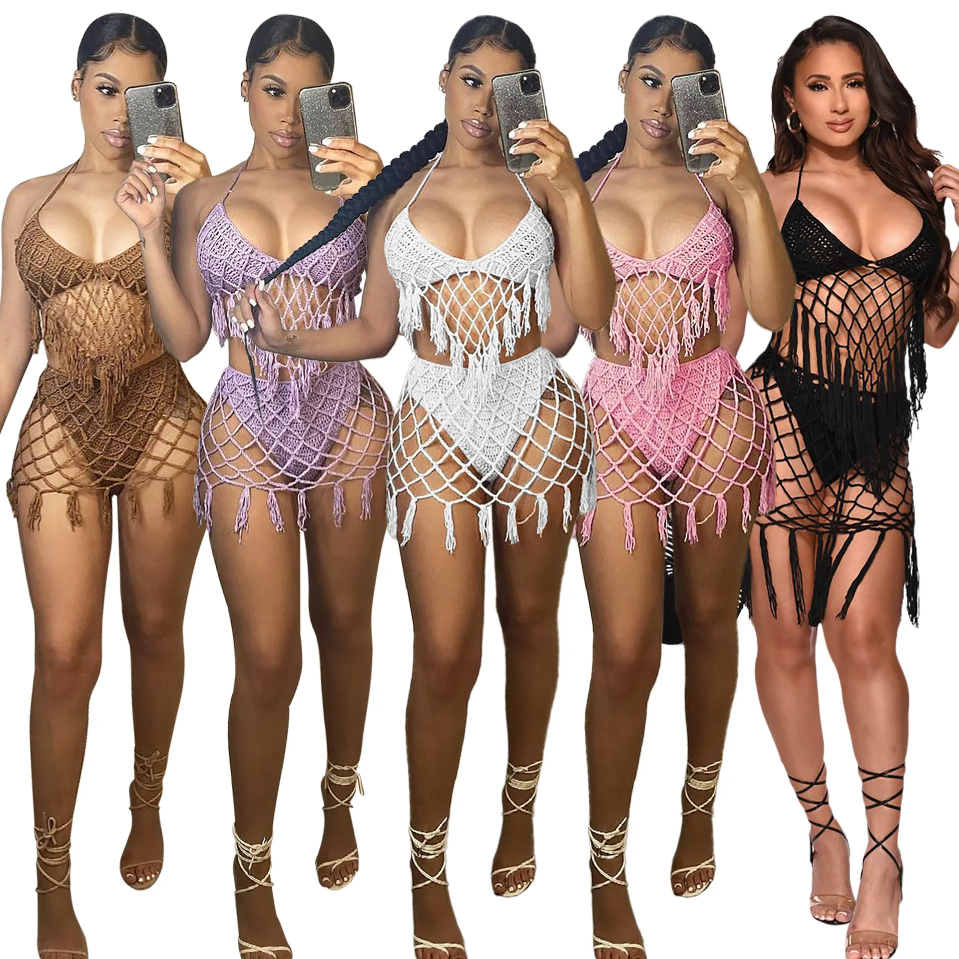 

Sexy Swimsuits Handmade Crochet Bikini Beachwear Tassel Solid Color Swimsuit with Cover-ups for Female Mujer Femme