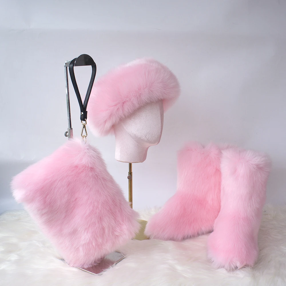 

Furry boots and headband vendors factory price winter boots for women with heels fur boots set women