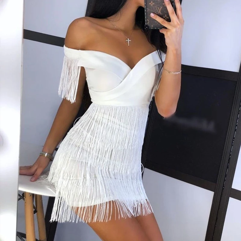 

2022 Party Wear Women Sleeveless Bodycon Dress Summer Fringe Tassel White Dresses, White, black