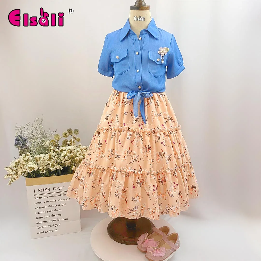 

Elsali 6 To 12 Years Old Wholesale Mix Size Big Girl Flowers Printed sleeveless Dresses with pattern shirt jacket, As pictures