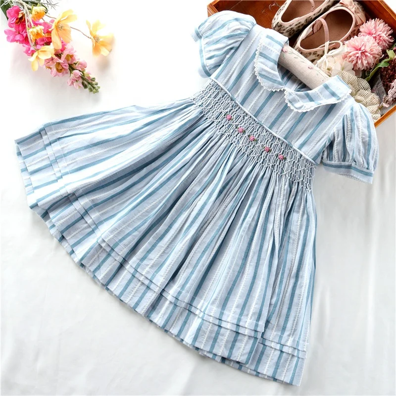 

summer wholesale baby smocked clothing baby dresses for girls clothes striped 100 % cotton kids clothing boutiques C22548