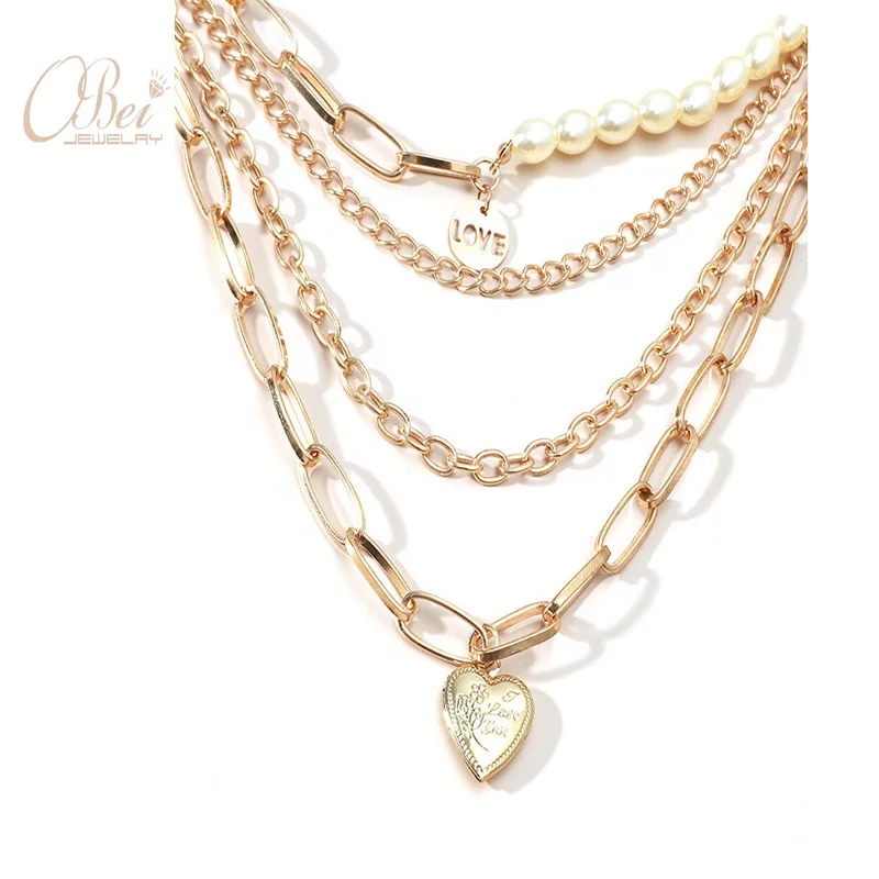 

Obei fashion jewelry teen girl necklace 4 layers chain Initial gold filled heart pearl thick chain necklace evening party