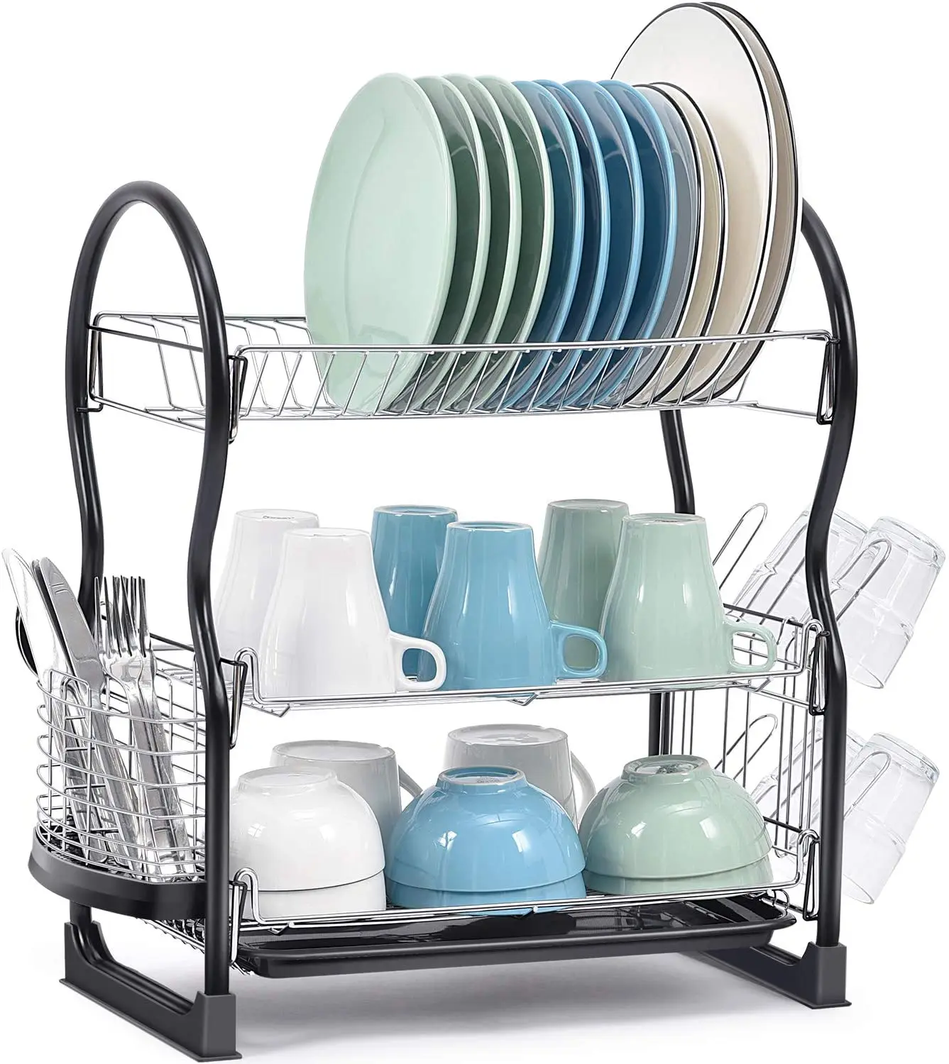 

ORZ367 Dish Drainer 3-Tier Dish Rack Large Capacity Dish Drying Rack with Drip Tray Utensil Cup Holder, Silver+ black