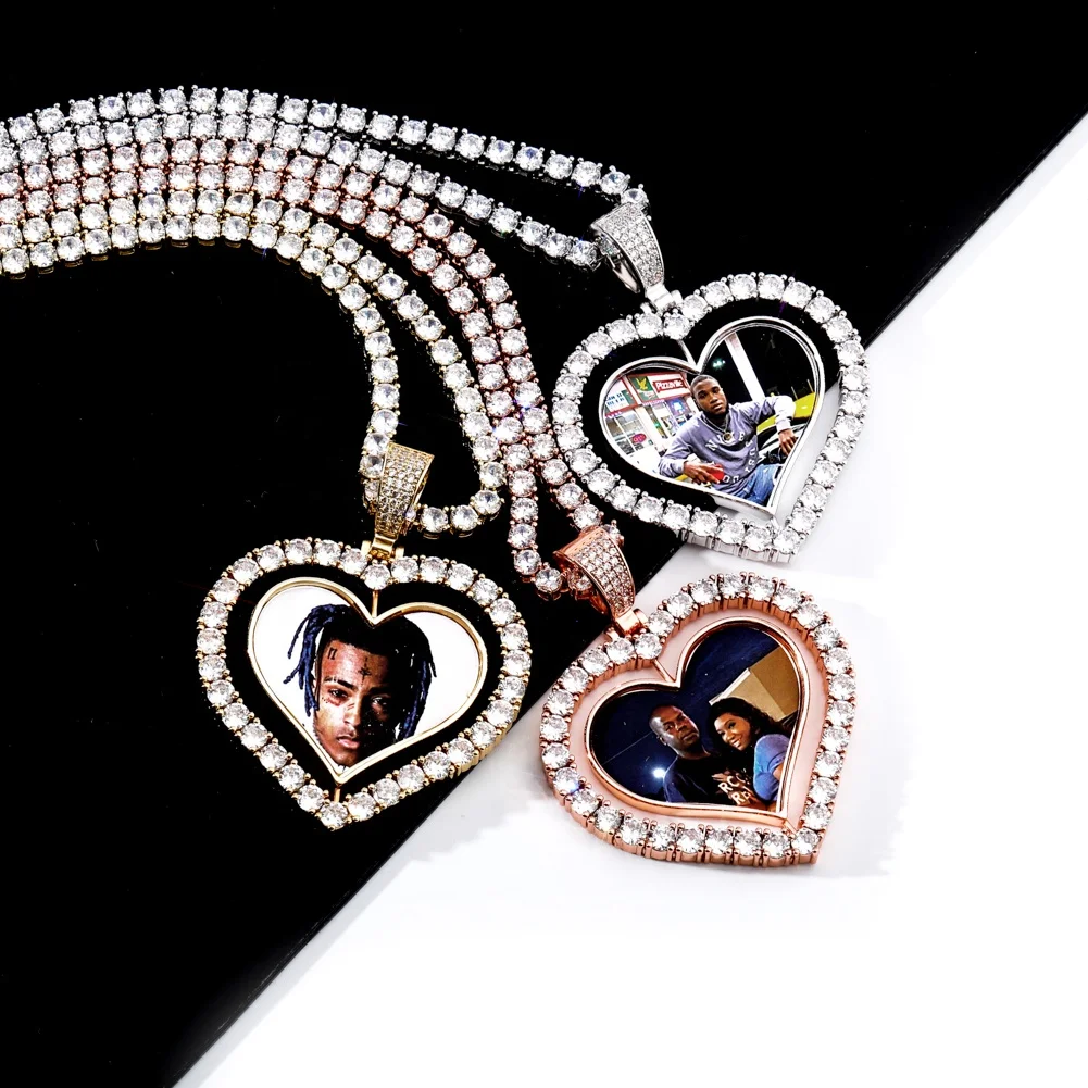 

Customized Cubic Zirconia Photo Medallion Bling Tennis Chains Charm Personality Heart Necklaces Picture Memory Pendant Necklaces, Color,silver,rose