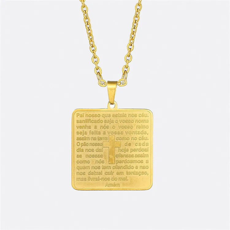 

Unisex Faith Religious Jewelry Square Gold Tone Stainless Steel Christian Cross Bible Verse Lords Prayer Necklaces, As picture