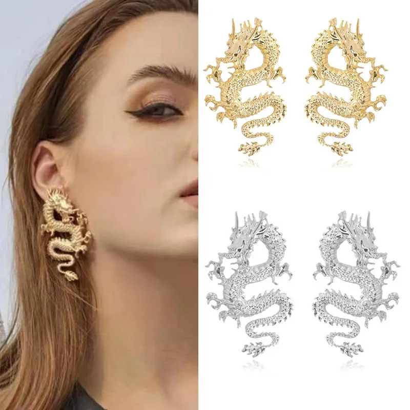 

Exaggerated Trendy Punk Animal Totem Statement Jewelry Chinese Style Dragon Stud Earrings