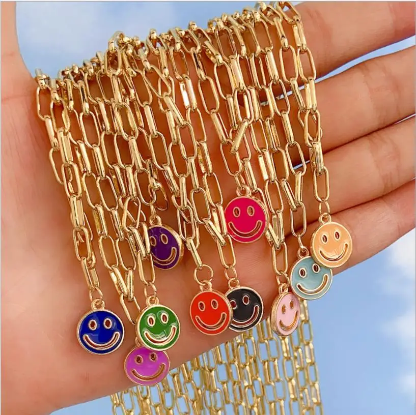 

2021 New European and American creative drop oil chain Smiling face pendant necklace simple multi-color Smiling face necklace