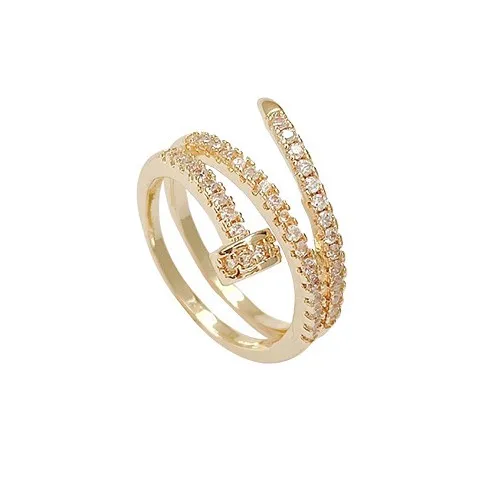 

Lotus 14K gold Hiphop jewelry Trendy Zircon Nail Shape Freesize Finger Ring