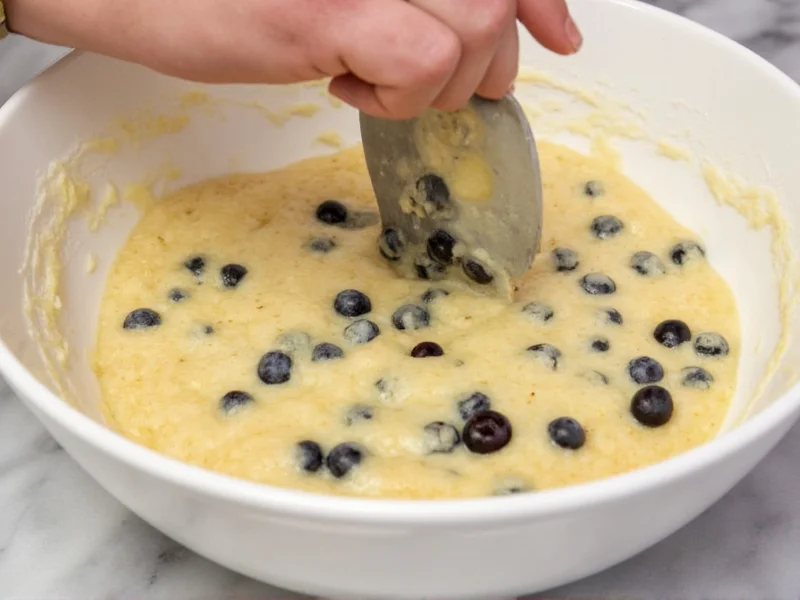 Gently folding blueberries into muffin batter