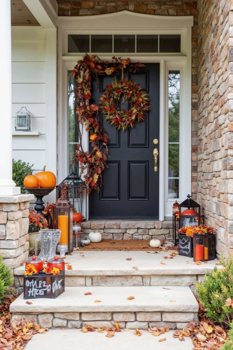 Fall wreath made of leaves, berries, and felt animals