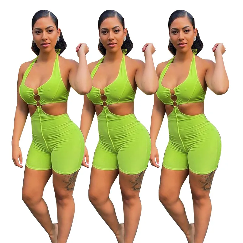 

2021 Latest Summer Body Suit Sexy Home Wear Yoga Suits Solid Halter Rompers Backless Jumpsuit For Women, Picture