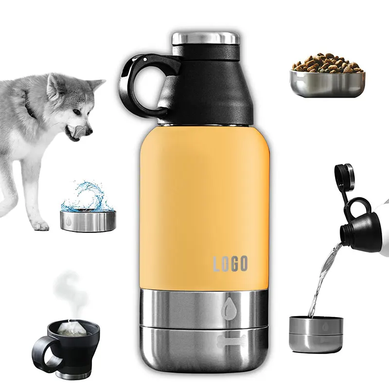 

2023 NEW 3 in 1 Hot Sale 32oz 64oz Double Wall Stainless Steel Dog Water Bottle with 2 bowls Pet Feeder for Outdoor Travel
