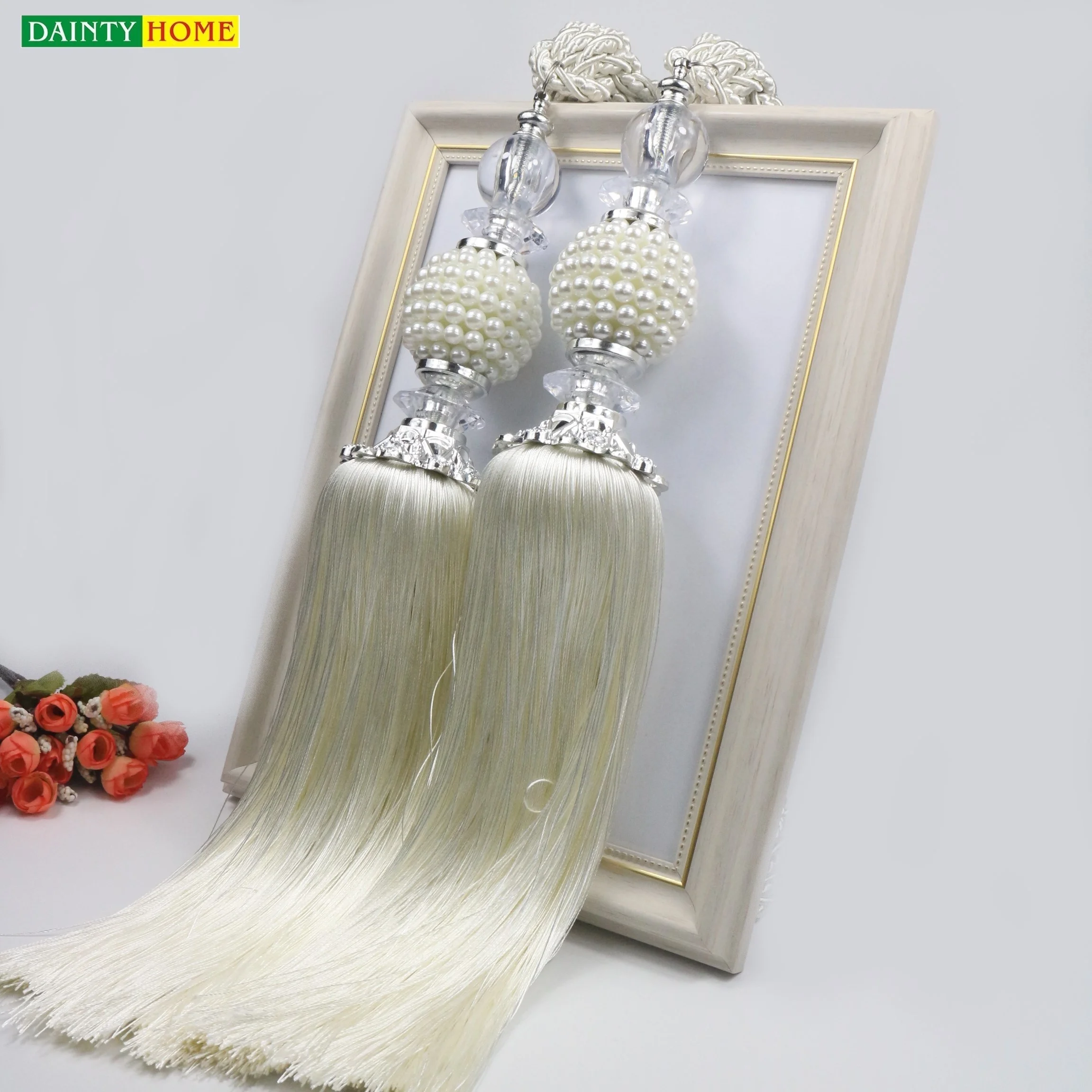 

Cheap price textile accessories fringe thicken tassel pearl crystal curtain tieback tassel for home