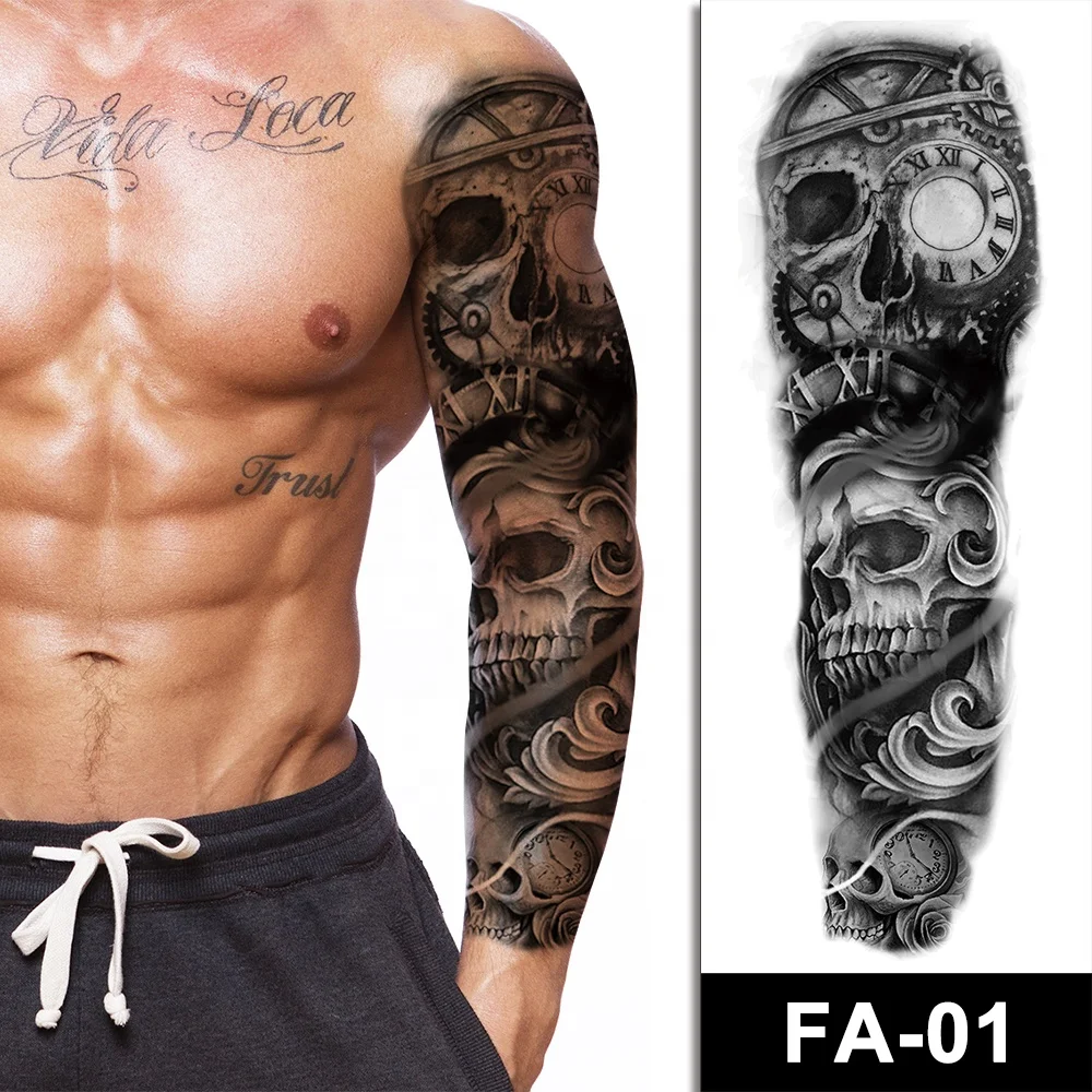 

Wholesale New Cool Sleeve Designs Long Lasting Temporary Body Art Tatoo Sticker Full Arm Tattoo Men, Black/ gray/ colourful