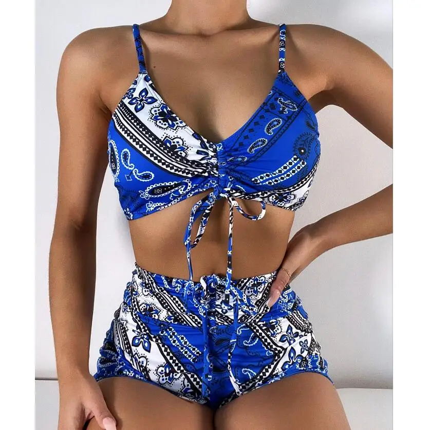 

Women sportwear two pieces beachwear push up swimwear woman crop top with shorts beach wear high waist swimsuit girls bikini