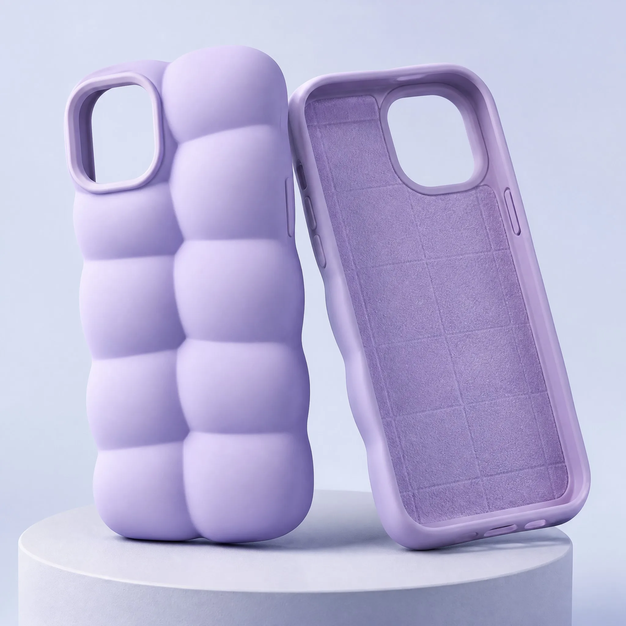 Front and Inside Interior View of Lilac Purple Puffer Phone Case showing Diamond Quilted Microfiber Flocking Lining on Round Pedestal