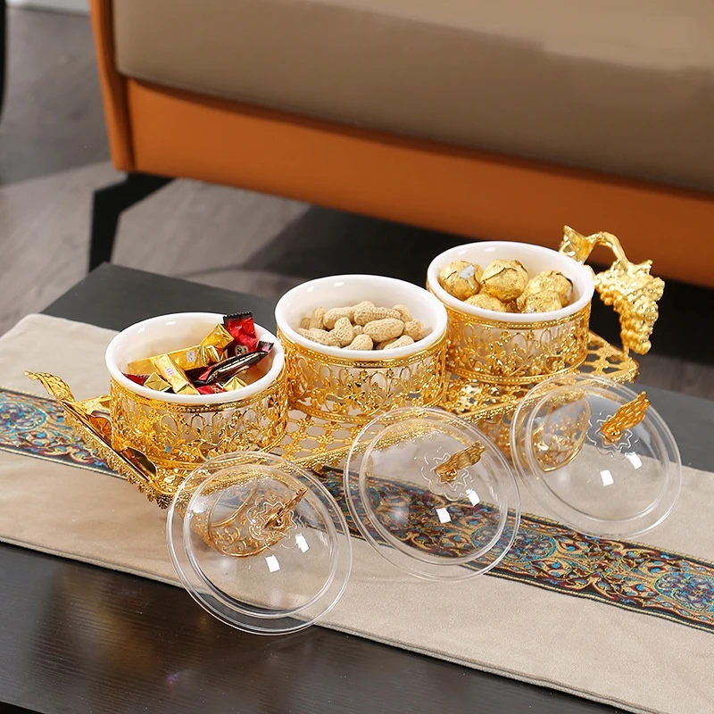 

QIAN HU European Style Luxury Nordic Gold Metal Acrylic Dried Fruit Snacks Dishes Compartment Serving Tray with Legs