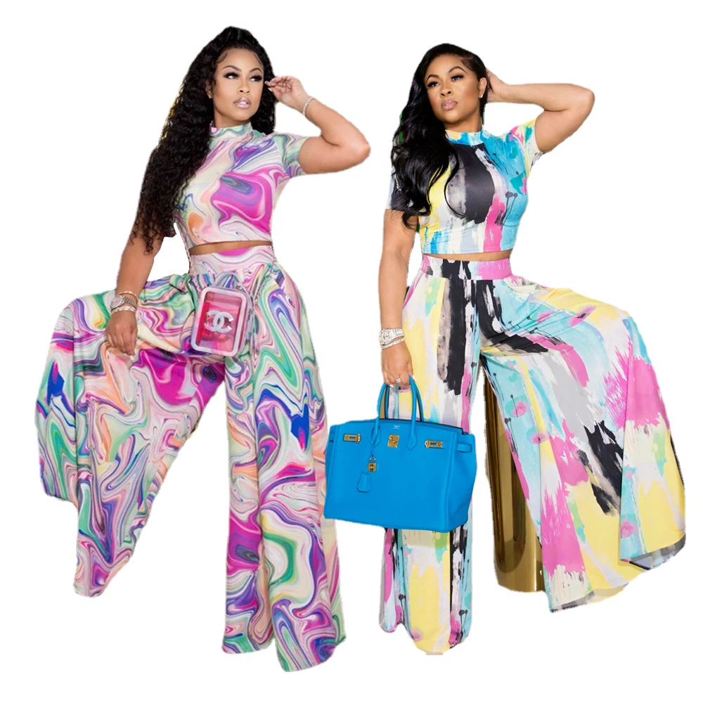 

2021 summer new arrivals printed loose wide pants and crop top women two piece set