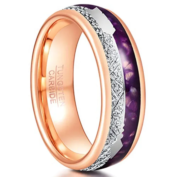 

Wholesale 8mm arrow tungsten ring men's and women's wedding rings purple agate and meteorite inlaid gold-plated ring jewelry, Rose gold/silver