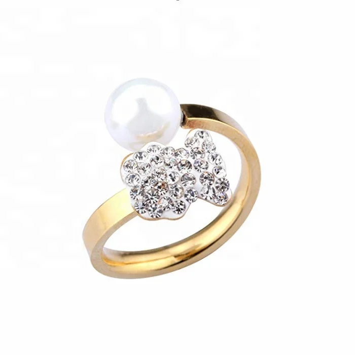 

18K Gold Plated Stainless Steel Jewelry Cream White Pearl Open Design Zirconia Diamonds Teddy Bear Ring