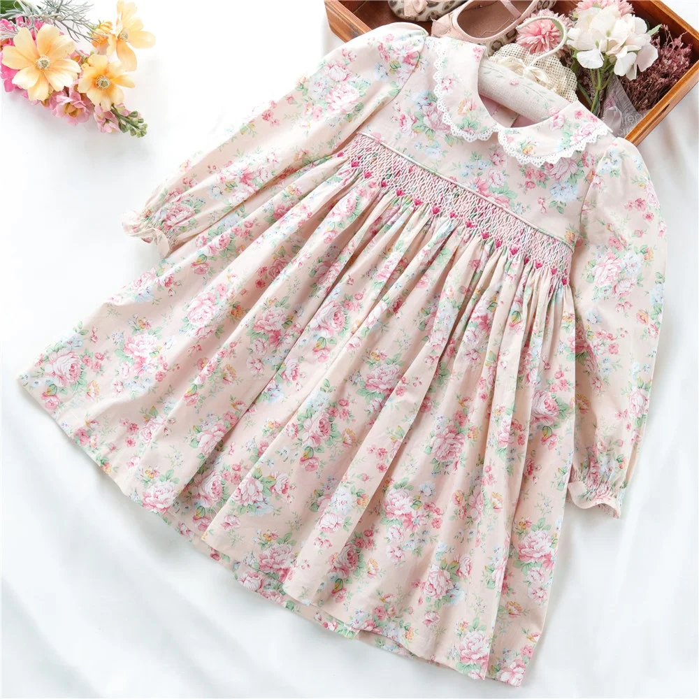 

winter wholesale children clothes long sleeve flower baby girls smocked dresses party birthday floral kids clothing B41570