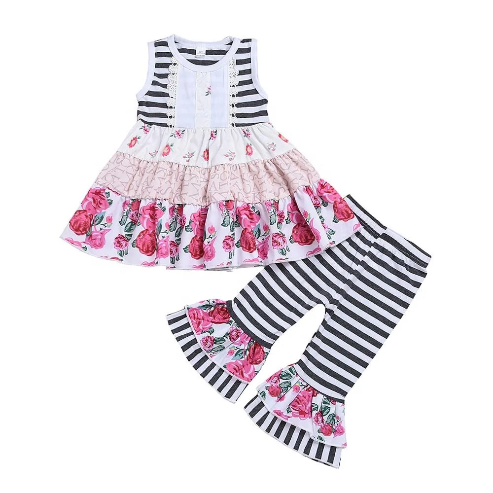 

Black and white stripe kids clothing set baby girls floral print dress sleeveless outfit with lace