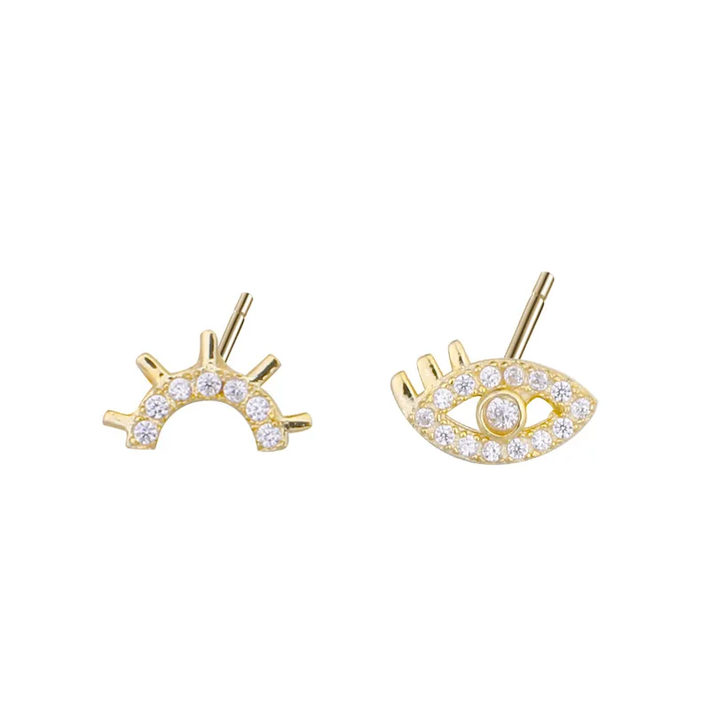 

Daidan Eyelash Asymmetric Statement Pave 925 Cz Mismatched 18K Gold Plated Evil Eye Silver Stud Earrings