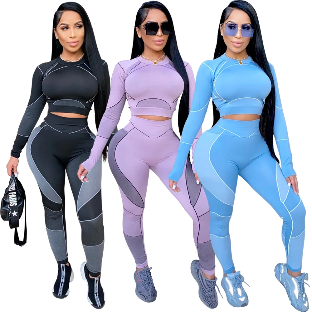 

Hot Selling Fall Skinny Long Sleeve Yoga Pants Set Women Clothing Sexy Sports Womens Two Piece Pants Set