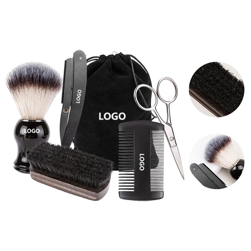 

Professional Soft Boar Bristle Wood Beard Brush Hairdresser Shaving Brush Men Mustache Kit With Gift Bag Hair Comb Six Set