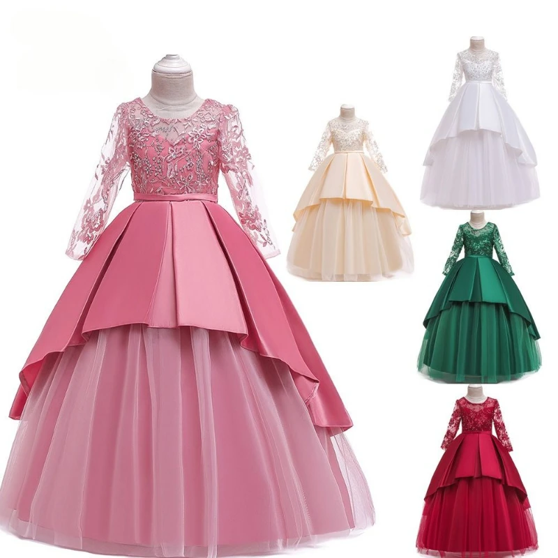 

High Quality Baby Girls Party Frock Kids Evening Party Gowns Lace Long Sleeve Maxi Dress LP-233, Champage,white,green,red,pink