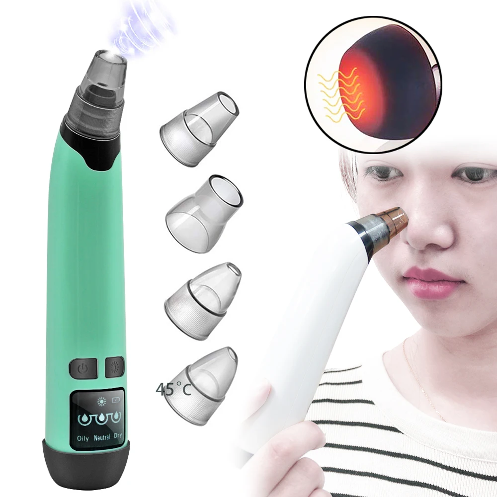 

New facial nose deep pore cleaner vacuum blackhead remover hot compress with 4 probes, White, green