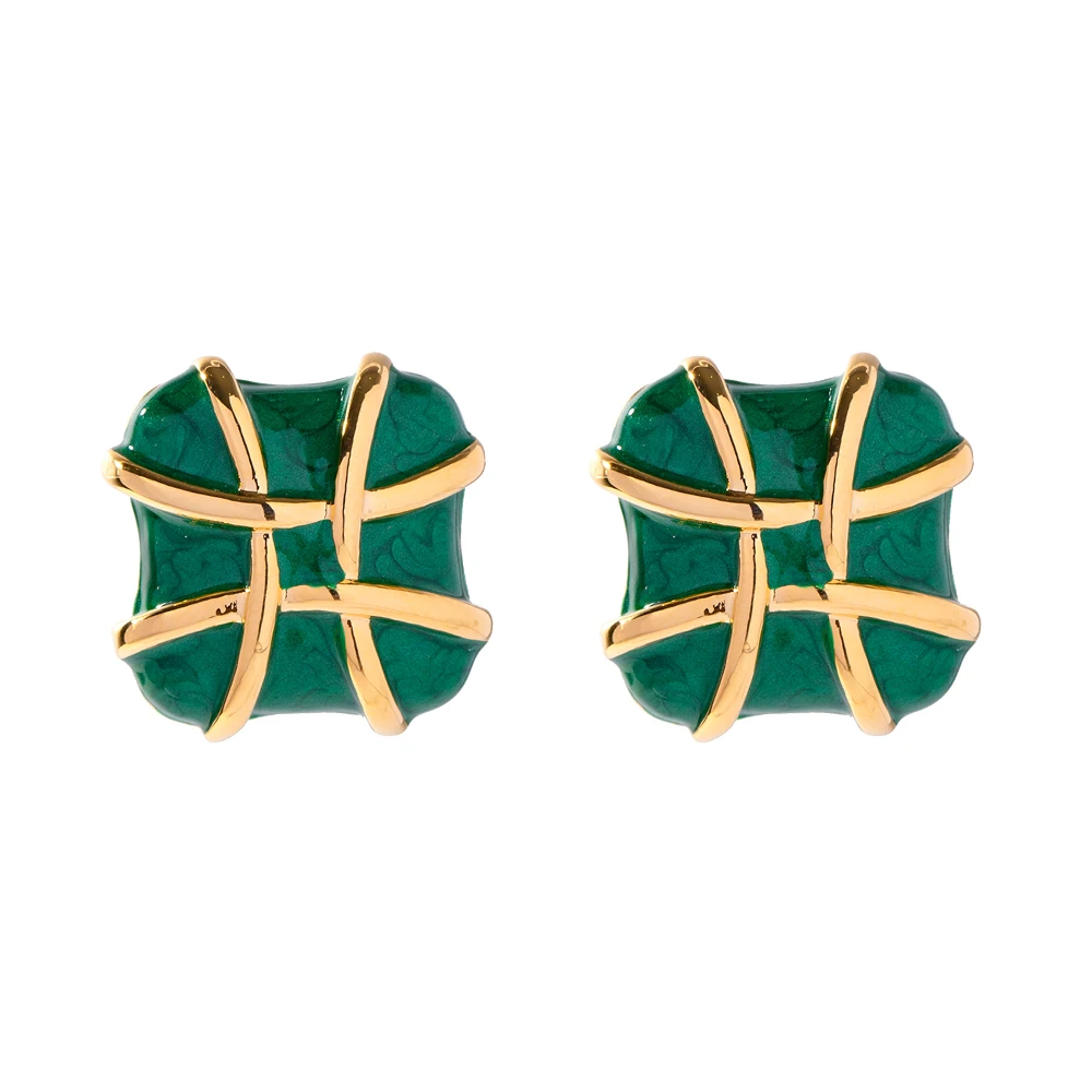 

Vintage Style 18K Gold Plated Brass Emerald Green Enamel Epoxy Stud Earring for Girls