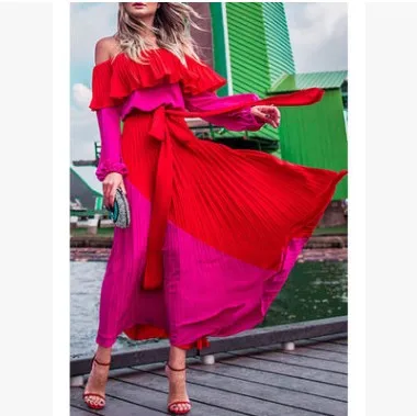 

IHJ4305 Hot sale new spring and summer women's casual long sleeves off-shoulder irregular maxi dresses