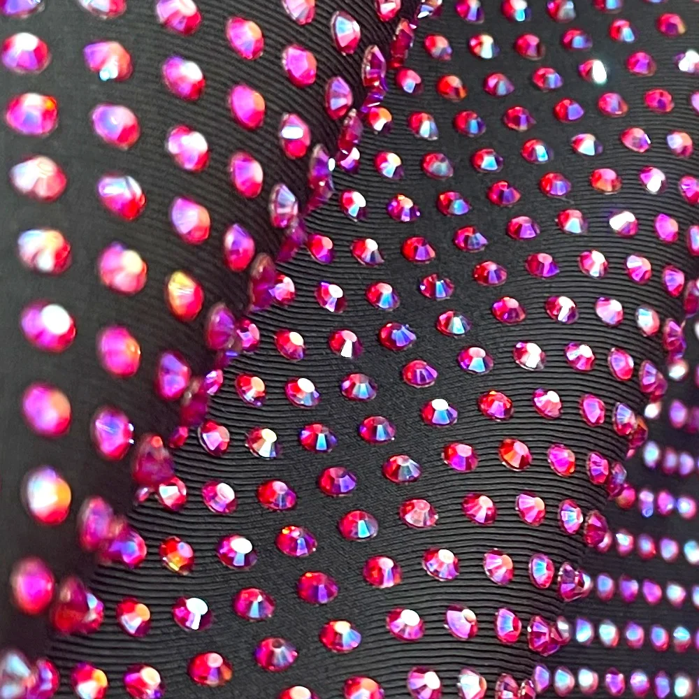 

S480 150cm*100cm SS10 3mm space bling elastic fabric with diamond crystal fabric for dress Stretch rhinestone fabric, Black with red ab