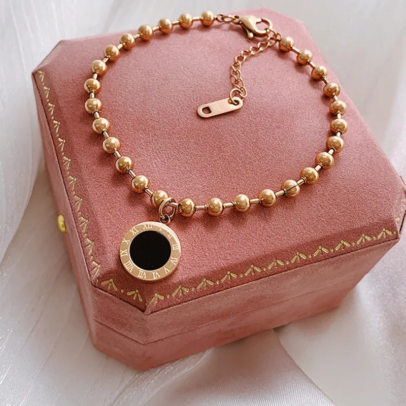 

Hot Sales Gold Color Stainless Steel Beaded Chain Astrology Ankle Hot Sales Round Black Plastic Zodiac Symbol Charm Anklets 2021