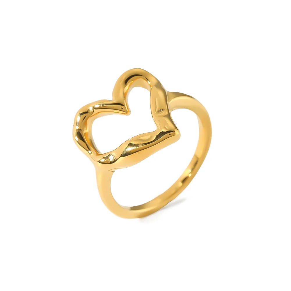 

Waterproof Jewelry 18k Gold Plated Stainless Steel Lava Hammer Pattern Big Size Hollow Heart Rings for Women